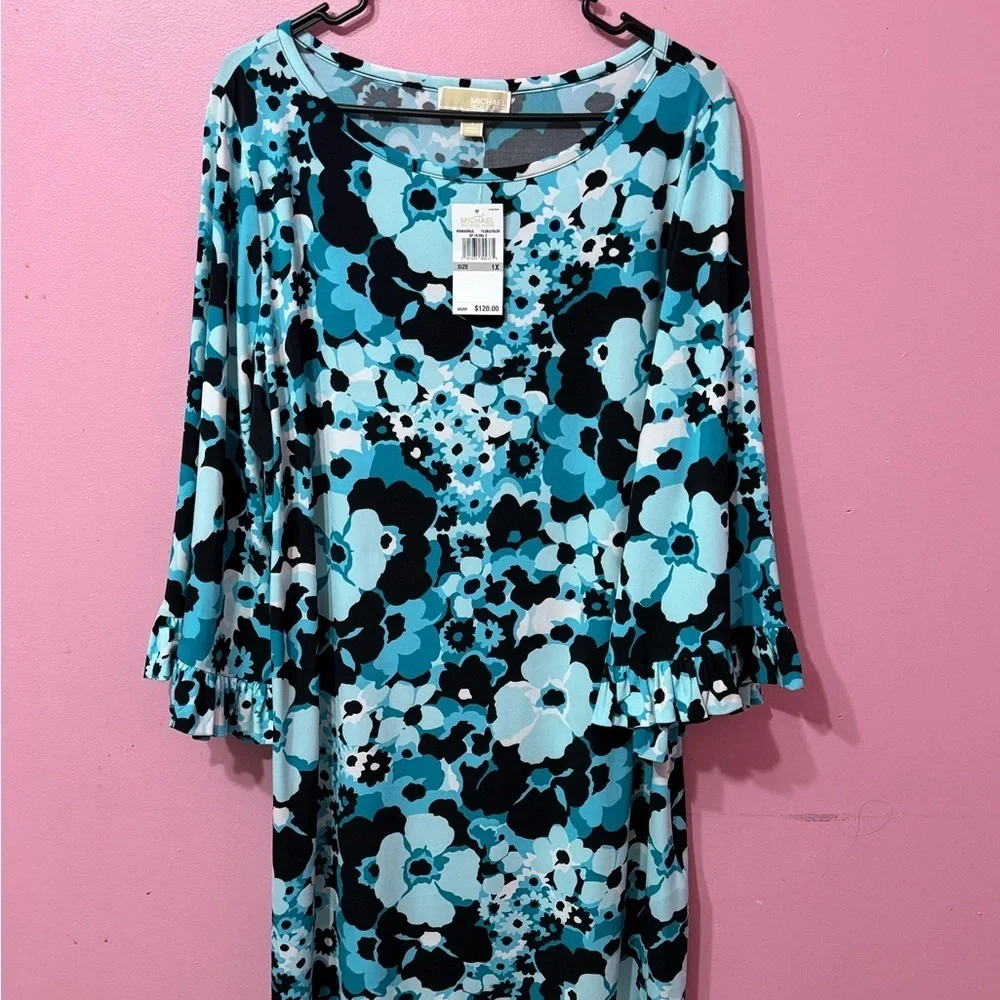 Michael Kors Blue and Black Floral Long Sleeve Dress